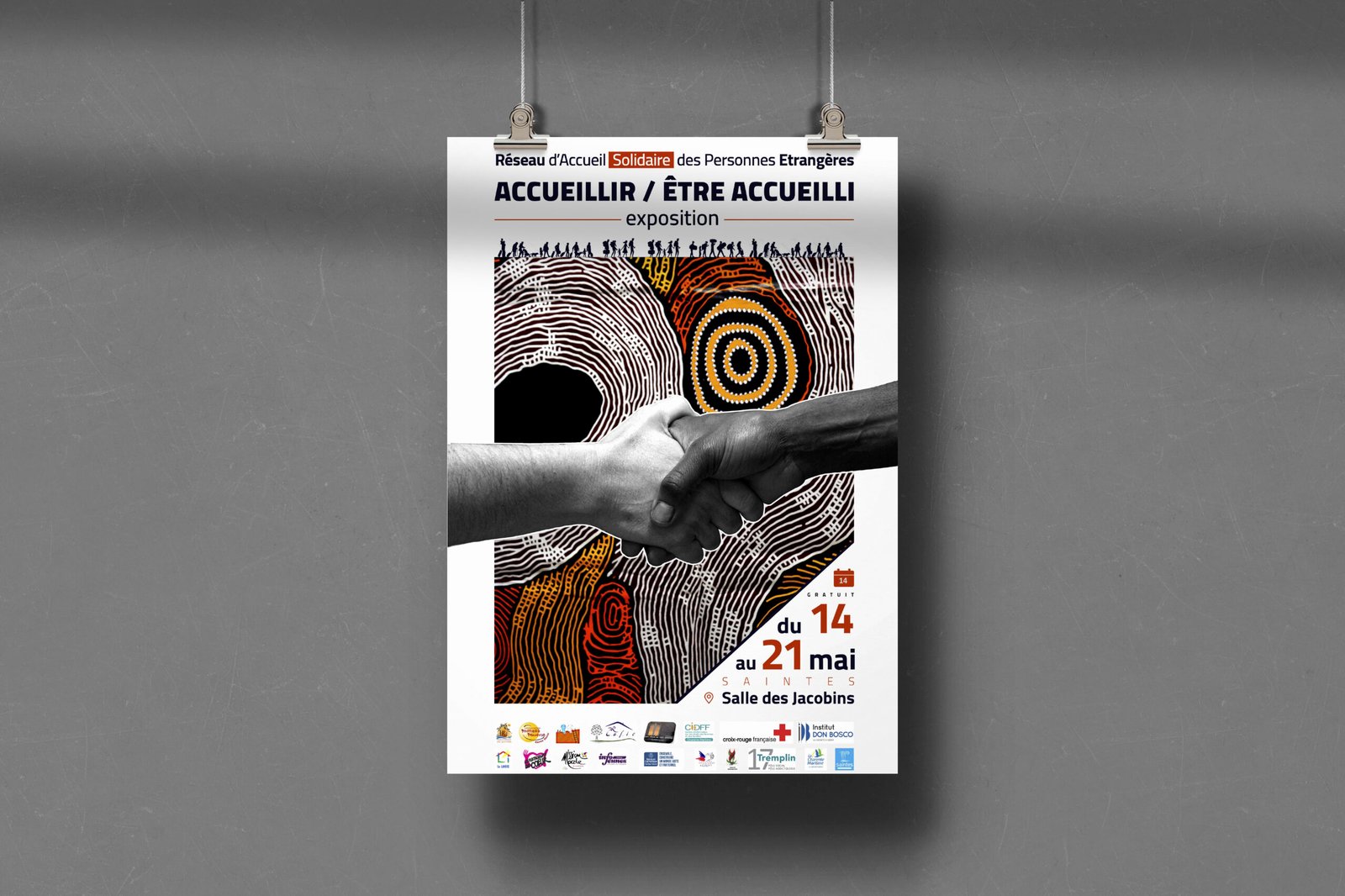 Affiche d’exposition culturelle sur l’accueil et l’intégration – design graphique Eman Alteer