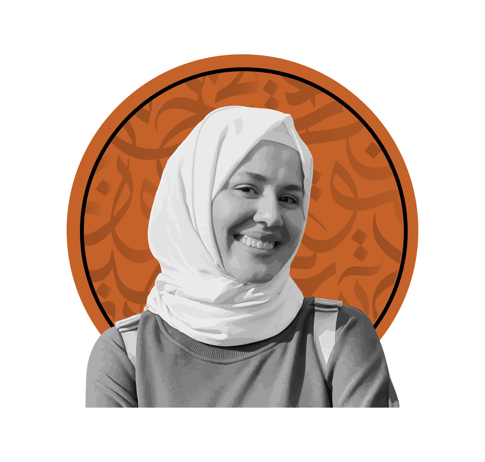 Eman Alteer, graphiste et storyteller visuelle à Bordeaux, portrait illustré sur fond de calligraphie arabe